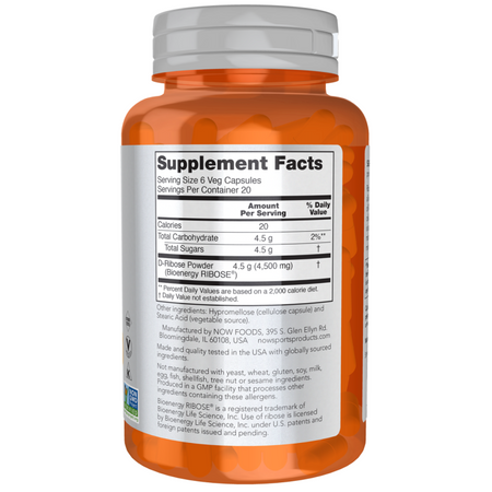 Now Foods D-Ribose 750 mg 120 veg kapsli